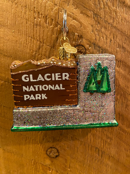 Glacier Park Entrance Sign Blown Glass Ornament