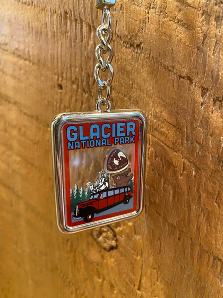 Glacier Park Red Bus Charm Keychain